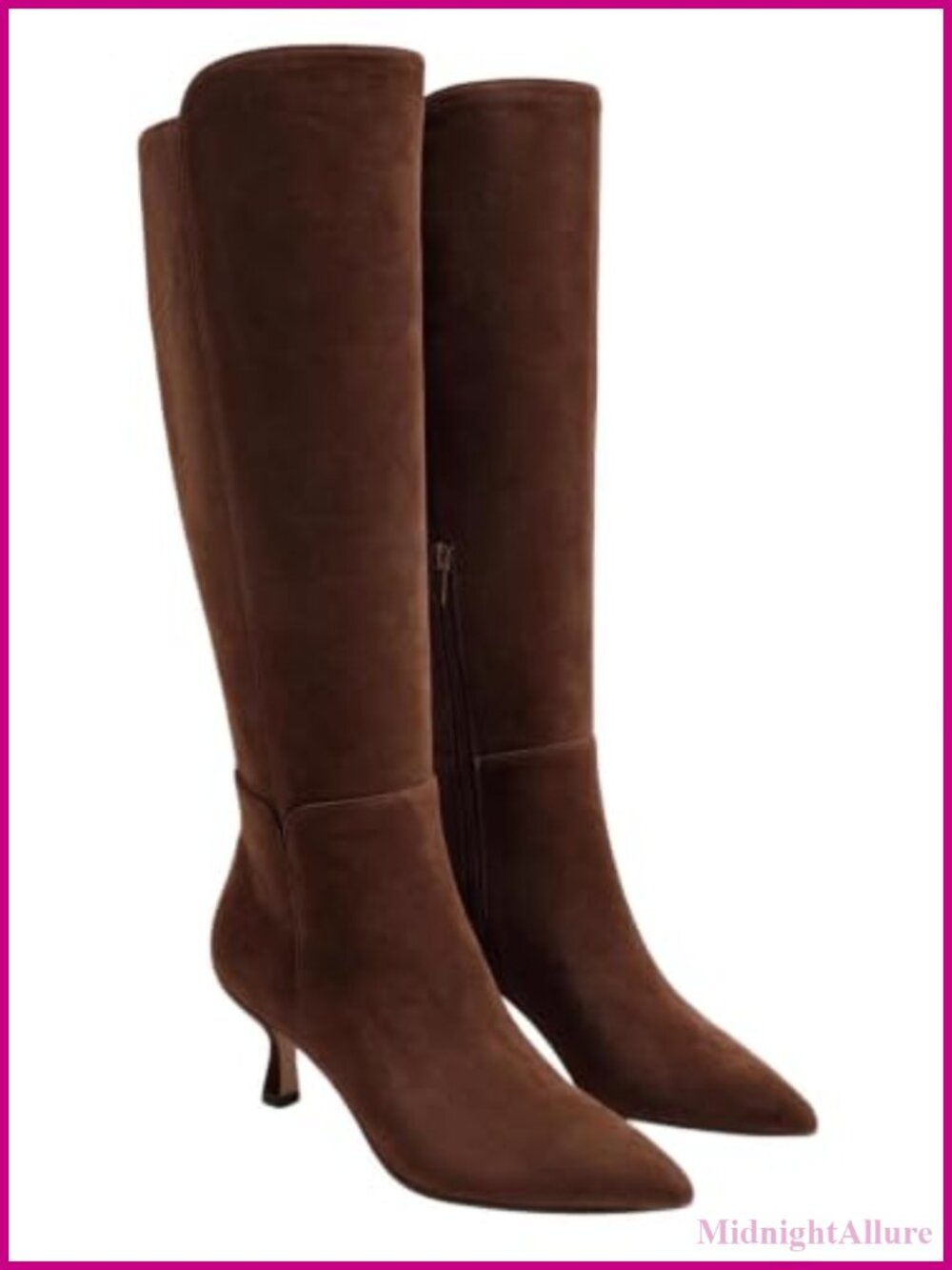 Coutgo Women's Knee High Boots Kitten Heel Pointed Toe Zip PU Leather Suede
